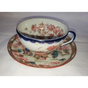 Vintage Geisha Teacup And Saucer Moriage Cobalt Blue Red Gold Japan